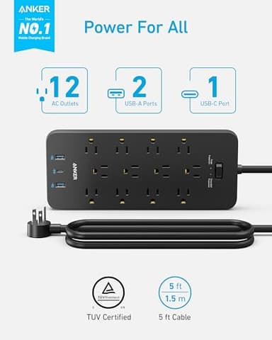 Anker Power Strip Surge Protector (2100J), 12 Outlets with 2 USB A and 1 USB C Port for Multiple Devices, 5ft Extension Cord, 20W Power Delivery Charging for Home, Office, Dorm Essential, TUV Listed - Image 2