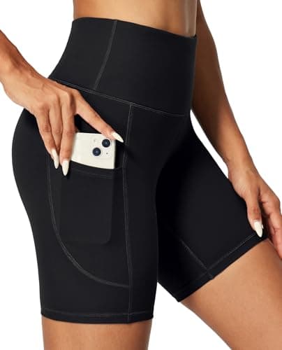 IUGA Biker Shorts Women 6" Tummy Control Workout Shorts Women with Pockets High Waisted Yoga Running Gym Spandex Compression Black - Image 1