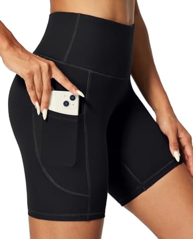 IUGA Biker Shorts Women 6" Tummy Control Workout Shorts Women with Pockets High Waisted Yoga Running Gym Spandex Compression Black - Image 1