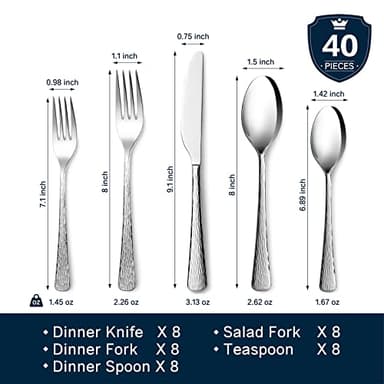 KINGSTONE Hammered Silverware Set, Flatware Set, 18/10 Stainless Steel Premium Cutlery with Unique Ripple Handles Design Mirror Polished - Dishwasher Safe (40-Piece) - Image 2