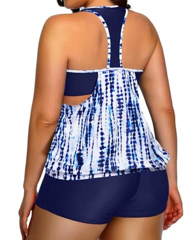Holipick Blue Tie Dye Plus Size Tankini Swimsuit for Women Two Piece Tummy Control Bathing Suit Blouson Racerback Tankini Top with Shorts 20W - Image 4