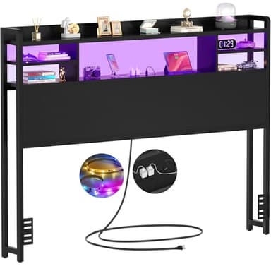 Aheaplus Headboard for Full Size Bed with Storage, Headboards with LED Light, Power Outlets, USB Ports Full Size Head Board, Wood headboard Only Sturdy and Stable Headboards, Modern, Black - Image 1