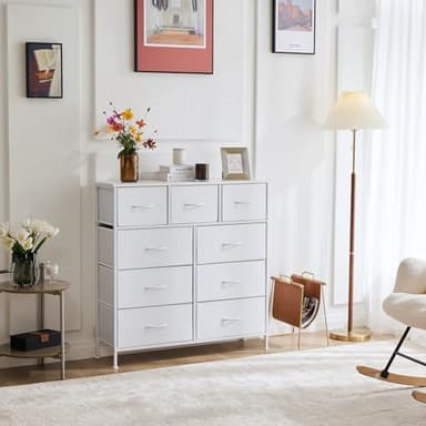 OLIXIS Dresser for Bedroom, 9 Storage Drawers, Wide Fabric Closet Chests Organizer Tower Furniture, TV Stand with Wooden Top Metal Frame for Clothes, Living Room, Hallway, Entryway, Classic White - Image 8