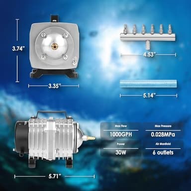 FUMAK Aquarium Air Pump with Aluminum Housing, Commercial Air Pump with 6-Outlet Air Manifold, Pond Aerator Fish Tank Bubbler for Aquarium, Pond, Hydroponics (1000GPH-30W) - Image 7