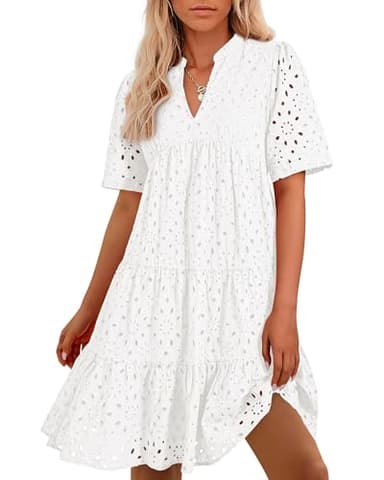 BTFBM Womens Boho Summer Dresses 2025 Resort V Neck Short Sleeve Hollow Out Lace Ruffle Casual Beach Mini Vacation Dress(White, Large) - Image 1