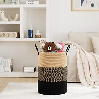 Fiona's magic 72L Large Woven Laundry Hamper, Tall Cotton Rope Storage Basket, Jute Baby Nursery Hamper for Blankets, Toys and Clothes in Bedroom and Living Room Organizing, Brown & Black - Image 2