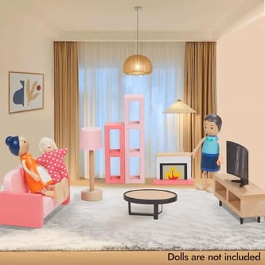 Giant bean 36pcs Wooden Dollhouse Furniture Set with Dolls for 5 Rooms, Wood & Plastic Pink Dollhouse Accessories Pretend Play Furniture Toy Christmas Birthday Gift Toy for Kids Boys Girls Toddler 3+ - Image 9
