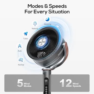 hykolity Large Pedestal Fan for Bedroom, 120°+90°Omni-directional Oscillating Standing Fan, 85ft Air Circulator With Remote, DC Motor Quiet Floor Fans, Adjustable Height, 12 Speeds, 5 Modes, 12H Timer - Image 3