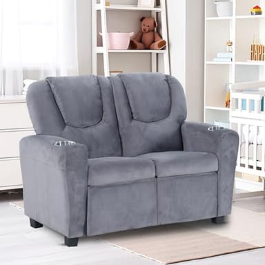 Naomi Home Suri Kids Recliner Loveseat with Cup Holders & Footrests, Gray Microfiber - Cozy 2-Seater Lounge for Children - Image 1