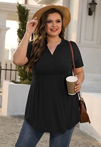 SHIJIALI Women's Plus Size Henley Shirts V Neck Tunic Tops Casual Short Sleeve Swing Flowy Blouse Pure Black-XX-Large - Image 5