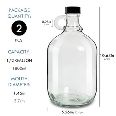 2 Pack 64oz Glass Gallon Growlers with Handle and Black Plastic Lids, Half-Gallon, Gallon Glass Fermenting Jug, 1/2 Gallon Water Jug for Kombucha, Home Brew, Vanilla Extract, Beer, Soda,Cider (Clear) - Image 2