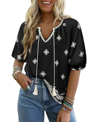 Vivilli Boho Tops for Women: Flowy Casual Top Peasant Blouses Floral Top Short Sleeve Shirts Summer Shirts Crochet V Neck Beach Vacation Clothes Bohemian Tops Hawaiian Outfits Women's Clothing Black L - Image 1