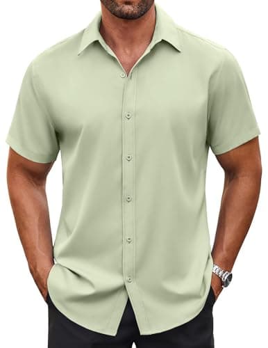 COOFANDY Men's Untucked Wrinkle Free Shirt Casual Short Sleeve Button Down Shirts, Light Green, X-Large - Image 1