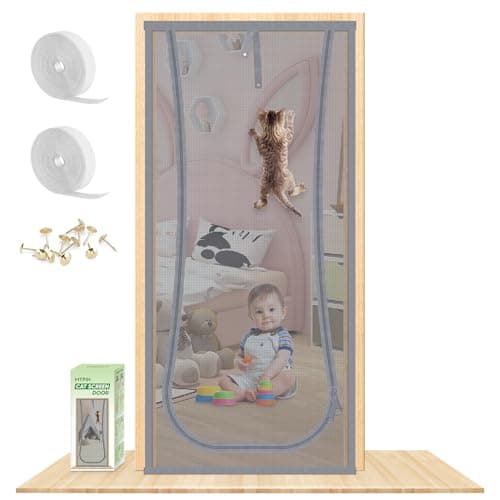New Reinforced Cat Screen Door, Fits Door Size 38''x 81'' Heavy Duty Pets Proof Screen Door with Bilateral Zipper, Prevent Dogs Cats Running Out from Home, Bedroom,Living Room, etc - Image 1
