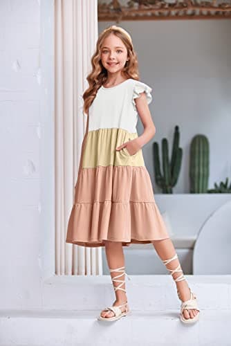 Arshiner Girls Summer Dress Ruffle Sleeve Flared Flowy Pleated Midi Cotton Casual Sundress with Pockets White & Pink 8-9 Years - Image 3