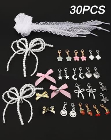 Yawlsow 30 Pcs Shoe Charms for Sneakers Junk Charm for Women with Ribbon Lace Shoelaces, Clips, Lobster Clasps, Pins, Bows, Pearl Charms Accessories Bulk for Bag Hat Fashion - Image 7