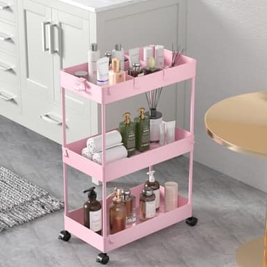 SPACELEAD 3 Tier Rolling Cart with Wheels, Storage Craft Art Trolley Organizer Serving, 3 Hanging Baskets Easy Assembly, for Office, Living Room, Kitchen, Pink - Image 1