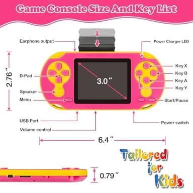 16 Bit Handheld Game for Kids, Video Game Player with Built in 230 HD Games, 3.0'' Screen Retro Electronic Machine with 3 Cartridges, Portable Rechargeable Games for Ages 3-12 (Rose Red) - Image 2