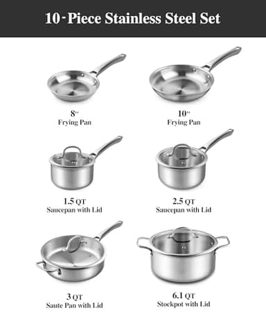 Stainless Steel Cookware Set,Tir-Ply Pots and Pans Set,10 Pcs Stainless Steel Induction Kitchen Cookware Sets,PFOA Free, Frying Pans,Saucepans,Saute Pan & Stock Pot,Compatible with All Cooktops - Image 7