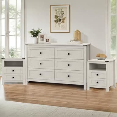 CATMIX Farmhouse Bedroom Set, 3 Pieces Bedroom Furniture Set, Rustic Wood 6 Drawer Dresser and Nightstands, Chest of Drawers Wide Storage Organizer Cabinet for Bedroom - Image 3