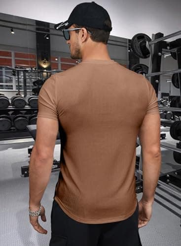 JMIERR Men's Muscle Shirt V Neck Slim Longline Short Sleeve Henley Shirt Gym Workout Athletic Tees Shirts Mens Tights for Sports,US 46(XL) A Brown - Image 9