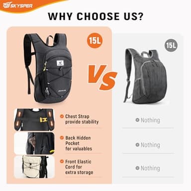 SKYSPER 15L Foldable Hiking Backpack Lightweight Packable Travel Daypack with Chest Strap Small Outdoor Folding Back Pack Collapsible Bag for Women Men (Black) - Image 5