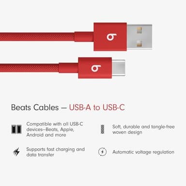 Beats USB-A to USB-C Woven Cable Fast Charging Durable and Tangle-Free Design Compatible Charger for Apple & Android Devices (1.5 m, 5 ft) - Rapid Red - Image 2