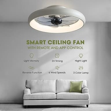 LUDOMIDE Ceiling Fans with Lights and Remote, 20'' Low Profile Flush Mount, 6 Wind Speeds, Modern Dimmable LED Ceiling Fan, Smart Ceiling Fan for Bedroom, Kids Room (White) - Image 3