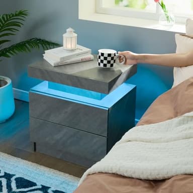 i-aplus Grey Night Stand Set 2 Modern Bedside Tables with 2 Drawers Bedroom Night Stands Set of 2 LED Night Stand for Bedroom, Living Room - Image 6