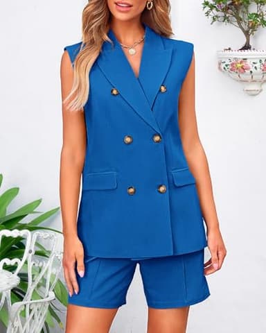 BTFBM Womens Blazer Vest Shorts Sets Lapel Neck Casual Sleeveless Button Down Office Summer 2 Piece Lounge Matching Sets(Solid Royal Blue, X-Large) - Image 6