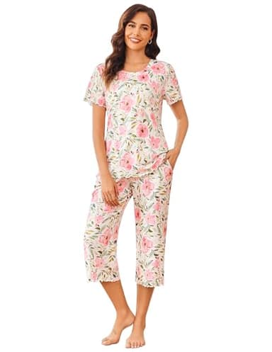Ekouaer Women's Pajamas Set Short Sleeve Sleepwear 2 Piece Round Neck Top Capri Pants Loungewear with Pockets White/Pink Flower S - Image 2
