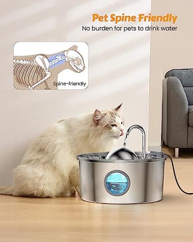 AONBOY Cat Water Fountain Stainless Steel, 108oz/3.2L Cat Fountain, Pet Water Fountain with Water Level Window, Hemispherical Shape, Multi-Filter, Silent Pump, Water Tap, Provides Flowing Water - Image 4