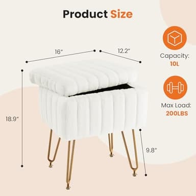Sweetcrispy Vanity Stool Chair with Storage, 18.9”H x 16”L x 12.2”W Ottoman Chair Faux Fur Soft Padded Makeup Footstools Seat with 4 Metal Legs Anti-Slip Adjustable Feet for Make Up, White - Image 2