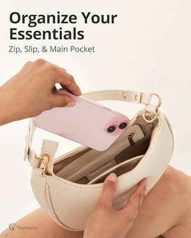 Vantamo Crescent Bags For Women with RFID Protection, Half Moon Clutch Purses for Women with Anti-Theft Clip for Extra Safety, Premium Smooth PU Leather Handbags for Work & Going Out, Nude Purse - Image 4