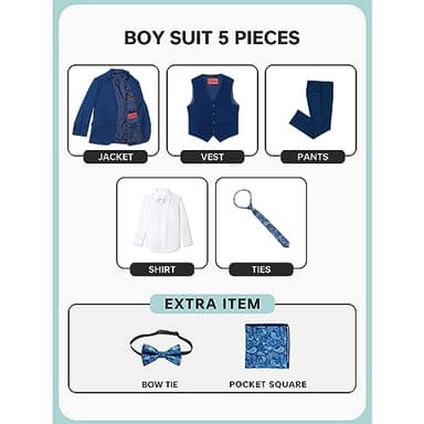 Marvelous World Suits Blue Slim Fit Size 16 Formal Suits for Kids Toddler Tuxedos Dresswear Ring Bearer Outfit Wedding Suits Set Dress Clothes Youth 5-Piece Adjustable Waist - Image 3