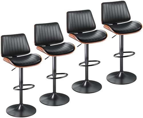 YaFiti Bar Stools Set of 4, Bar Stools for Kitchen Island with Bentwood Back and Leather Seat, Swivel Barstools for Kitchen Counter, Bar, Black - Image 1