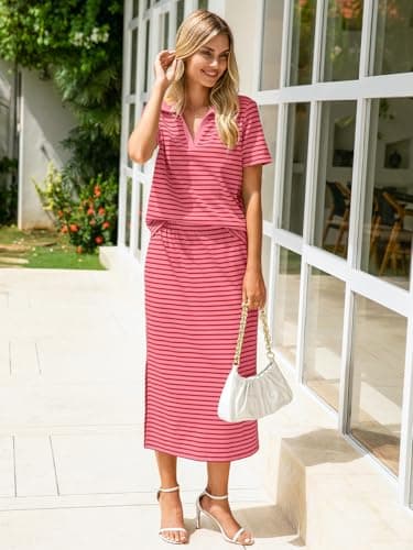 Glamaker Two Piece Sets For Women Summer Short Sleeve 2 Piece Skirt Sets Striped Matching Lounge Sets (Red Pink M) - Image 3
