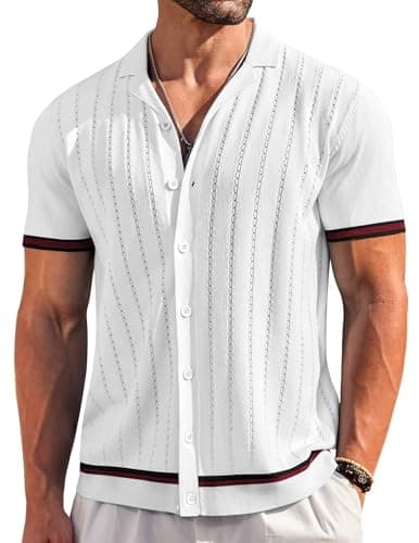 COOFANDY Summer Shirt for Men Vintage Polo Shirts Short Sleeve Knit Button Down Shirt White - Image 1