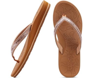 ONCAI Women's Flip Flops with Rhinestone, Arch Support Yoga Mat Comfort Walking Thong Sandal Summer Beach Outdoor Dressy Sandals for Women 2025 Walking Ladies Sandal Rubber Sole Khaki Size 9 - Image 1