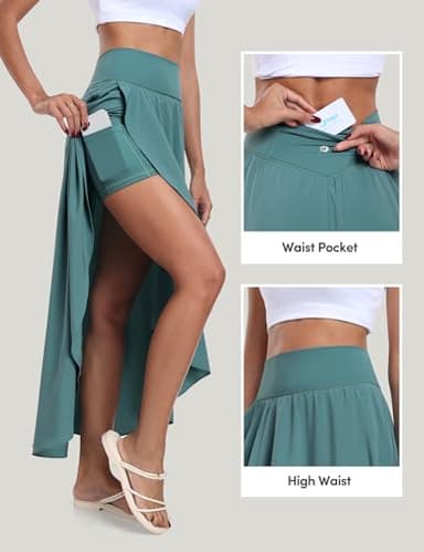 IUGA High Waist Wrap Skirt Flowy Skirts for Women Trendy Summer Maxi Skirt with Slit Ruffle High Low Skirt with Shorts Sea Green, Medium - Image 3