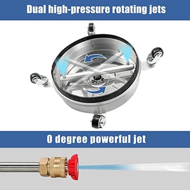 janz 14" Pressure Washer Surface Cleaner with 4 Wheels, Stainless Steel Housing, 1/4" Quick Plug, 2 Extension Wands, 2 Replacement Nozzles and 3 Spray Nozzles, 4000 PSI - Image 4