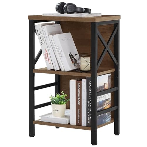 MNEETRUNG Small Bookshelf,3 Tier Industrial Bookcase with Metal Frame and Backboard,Low Rustic Brown Book Shelf,Book case for Small Spaces,Living Room,Bedroom and Home Office - Image 1
