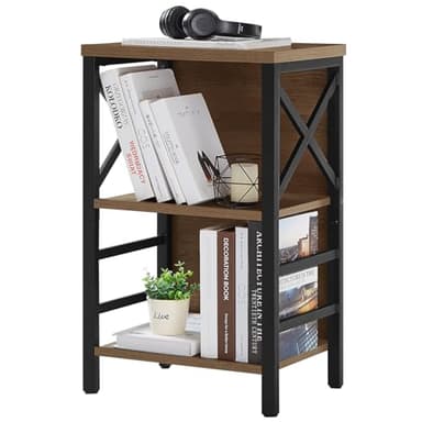 MNEETRUNG Small Bookshelf,3 Tier Industrial Bookcase with Metal Frame and Backboard,Low Rustic Brown Book Shelf,Book case for Small Spaces,Living Room,Bedroom and Home Office - Image 1