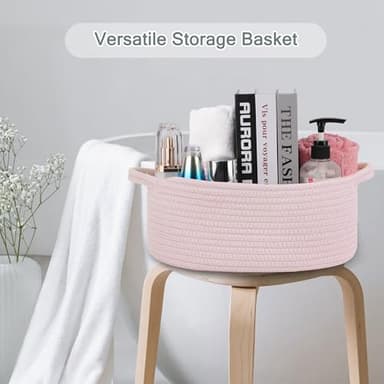 COMSE Small Woven Basket with Gift Bags and Ribbons, Gift Basket Empty, Cotton Rope Storage Organizer, Baby Toy Box with Handles, 12" x 8" x 5", Light pink - Image 6