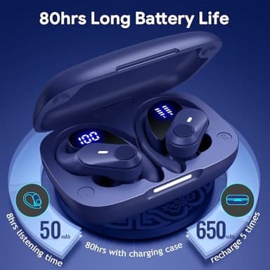 GOLREX Active Noise Cancelling Ear Buds Wireless Earbuds Bluetooth Headphones with 80H Playtime LED Display Wireless Charging Case, Over-Ear Hooks Earbud for Sports Running Gym Workout Blue - Image 3