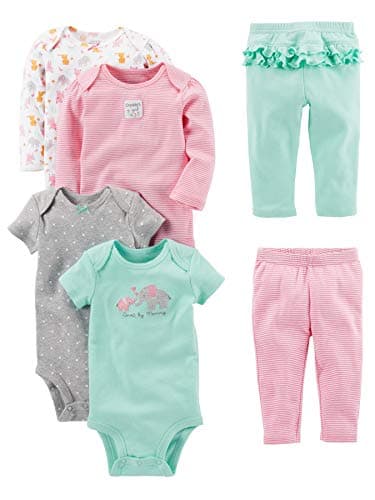 Simple Joys by Carter's Baby Girls' 6-Piece Bodysuits (Short and Long Sleeve) and Pants Set, Aqua Green Elephant/Grey Dots/Pink Stripe/White Forest Animals, 18 Months - Image 1