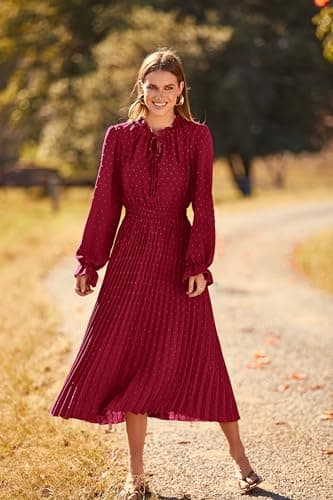 PRETTYGARDEN Womens Pleated Midi Dress Casual Long Sleeve V Neck Swiss Dot Beach Flowy Dresses (Wine Red,Large) - Image 7