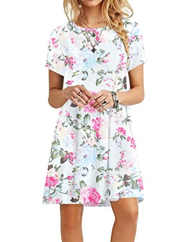 MOLERANI Women's Casual Plain Simple T-Shirt Loose Dress(Floral White Rose,S) - Image 1