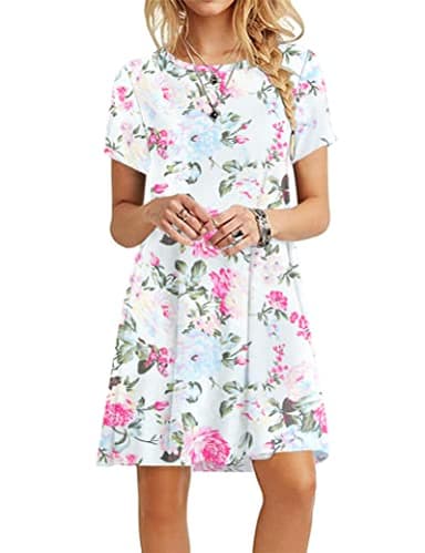 MOLERANI Women's Casual Plain Simple T-Shirt Loose Dress(Floral White Rose,S) - Image 1