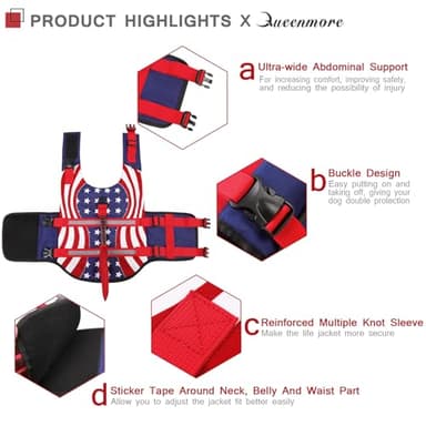 Queenmore Shark Dog Life Vest for Swimming, Pet Life Vests for Boating, High Buoyant DogLife Jacket, Ripstop High Flotation Swimsui for Small, Medium, Large Dogs (USA Flag,M) - Image 4